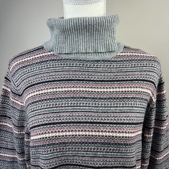 LL Bean Gray Fair Isle Turtleneck Sweater Size L Cotton Cashmere blend - Picture 3 of 12